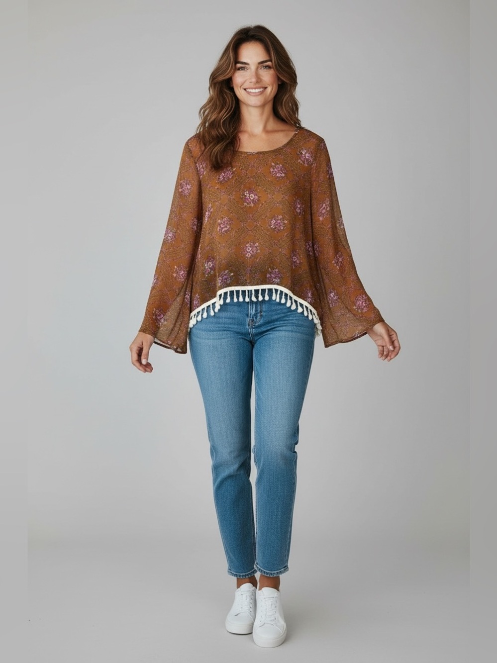 Mono B Cropped Floral Boho Blouse // Orange // Large